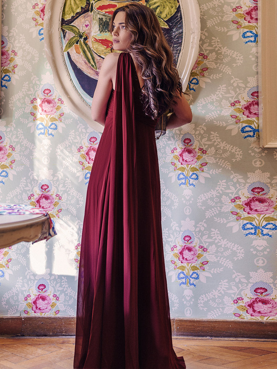 Taille personnalisée Robes de Soirée élégante Chiffon avec Une épaule pour Femmes #Couleur_Bordeaux