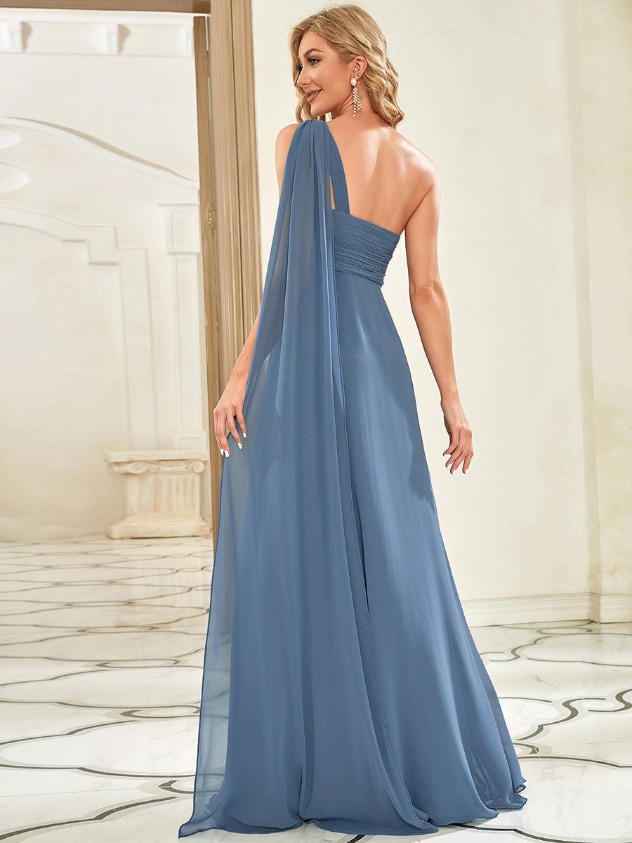 Robes de Demoiselle d'Honneur longue élégante Chiffon Seule-épaule #Couleur_Marine Fume