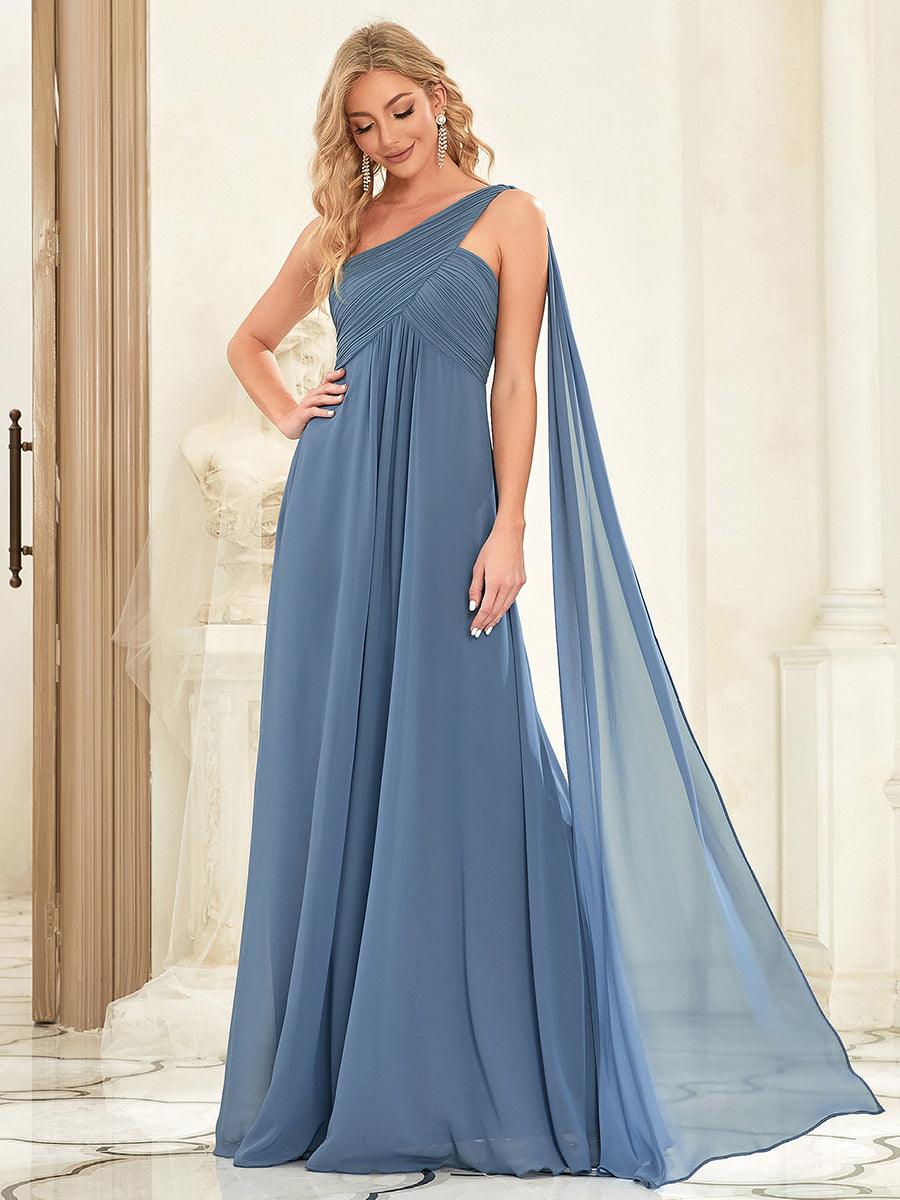 Robes de Demoiselle d'Honneur longue élégante Chiffon Seule-épaule #Couleur_Marine Fume