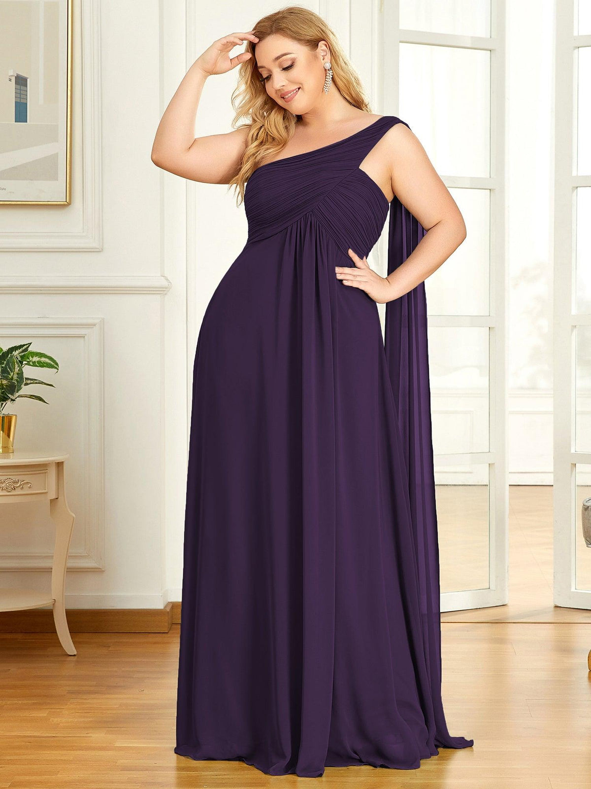 Robes de Soirée Grande Taille Maxi Chiffon avec Une épaule pour Femmes #Couleur_Violet Fonce