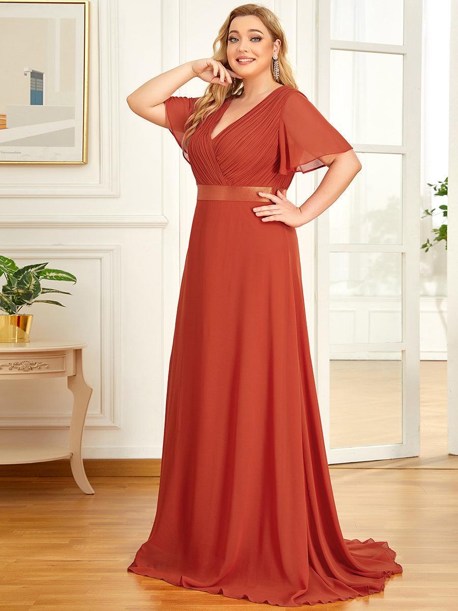 Taille personnalisée Robe de demoiselle d'honneur longue manches courtes #Couleur_Burnt orange