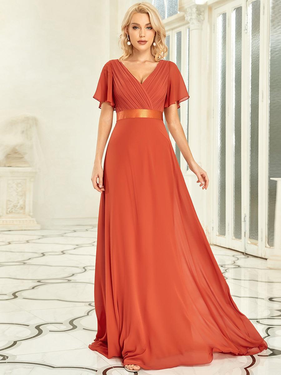 Taille personnalisée Robe de demoiselle d'honneur longue manches courtes #Couleur_Burnt orange