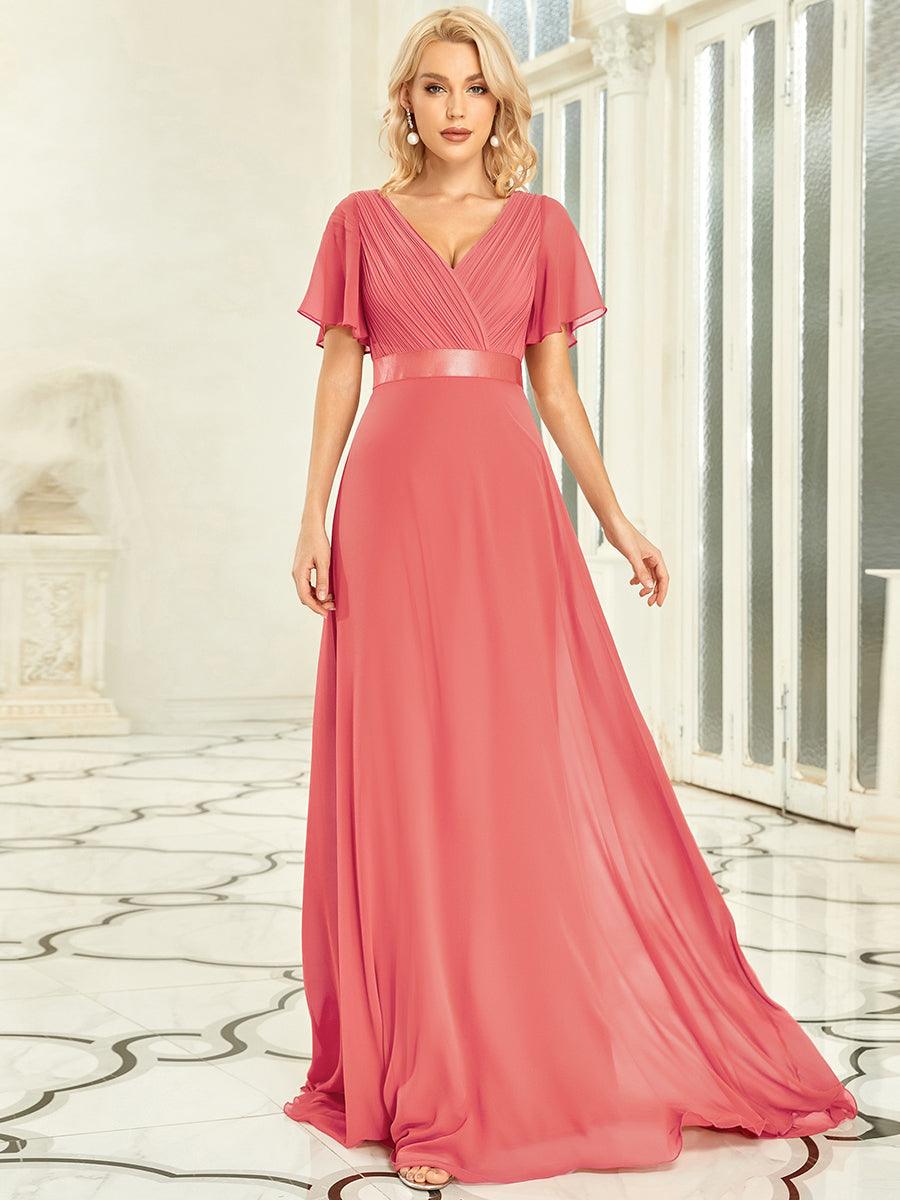 Taille personnalisée Robe de demoiselle d'honneur longue manches courtes #Couleur_Corail