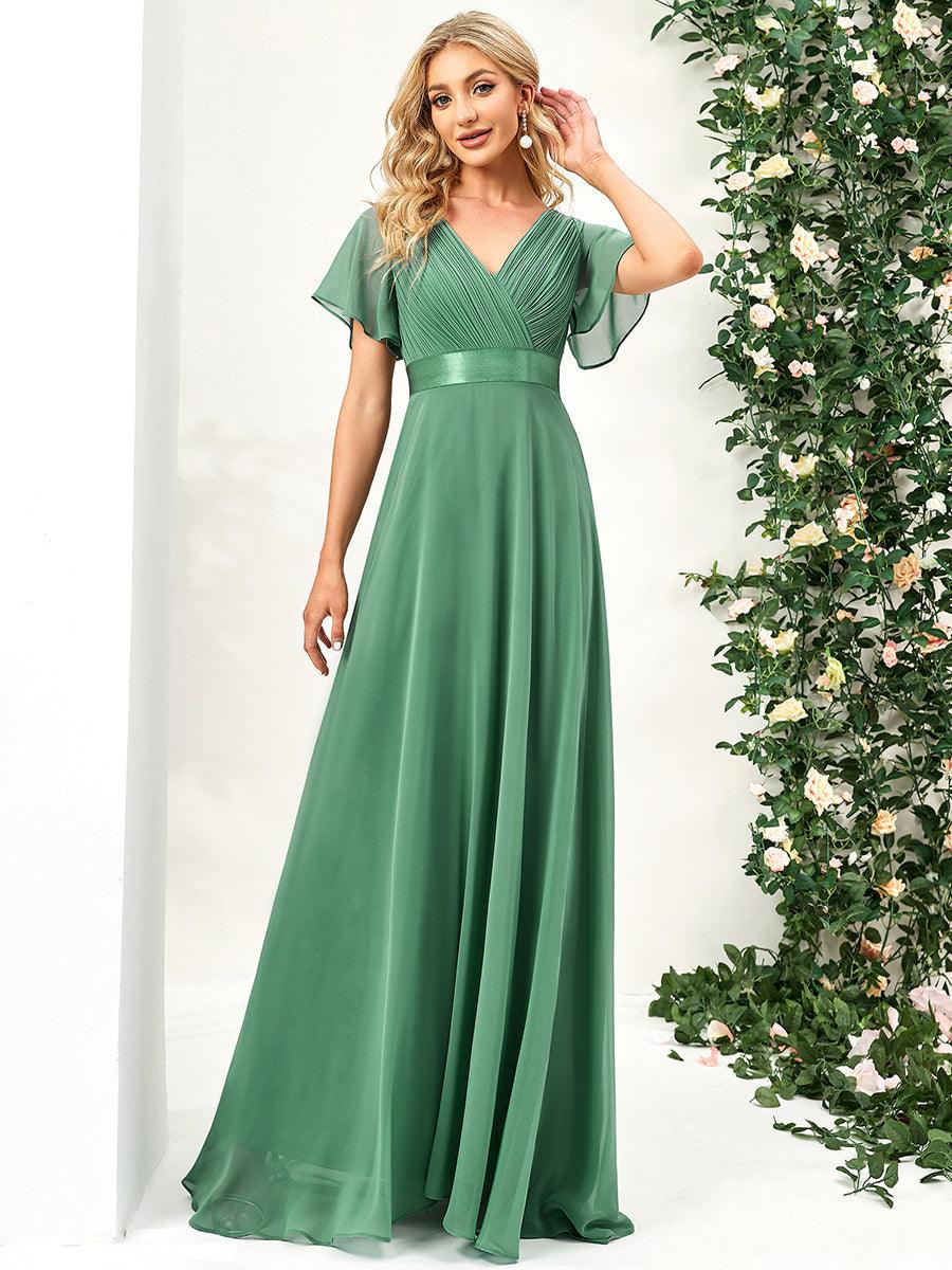 Robe de Soirée élégante en mousseline à taille haute et manches courtes #Couleur_Haricot Vert