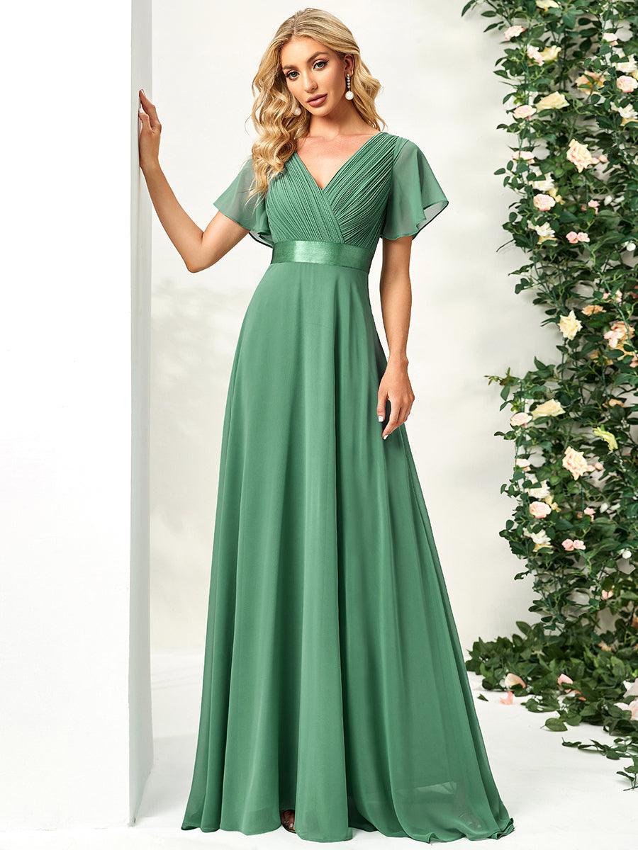 Taille personnalisée Robe de demoiselle d'honneur longue manches courtes #Couleur_Haricot Vert