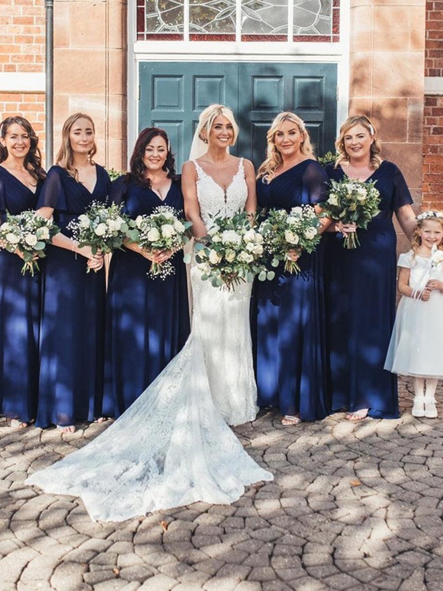 Taille personnalisée Robe de demoiselle d'honneur longue manches courtes #Couleur_Bleu Marine