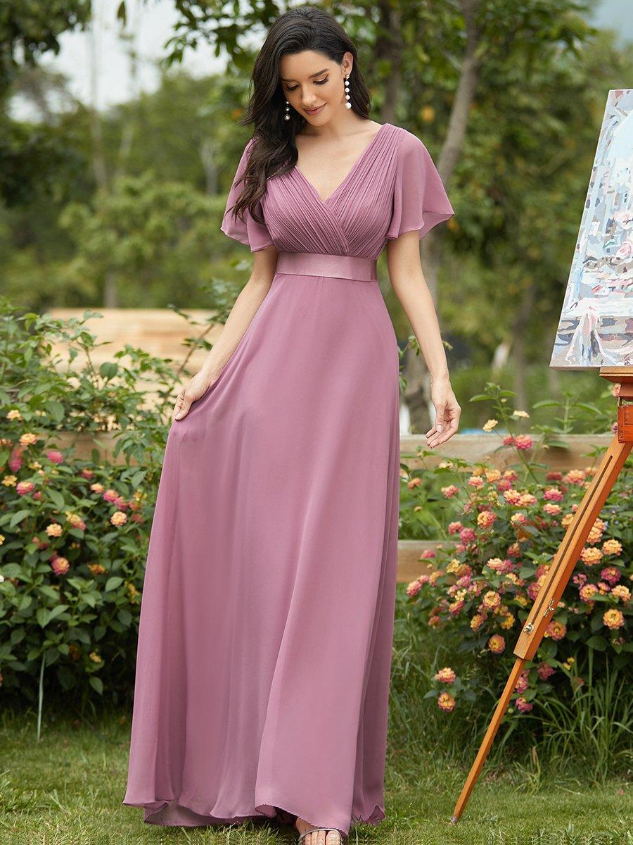 Taille personnalisée Robe de demoiselle d'honneur longue manches courtes #Couleur_Orchidee