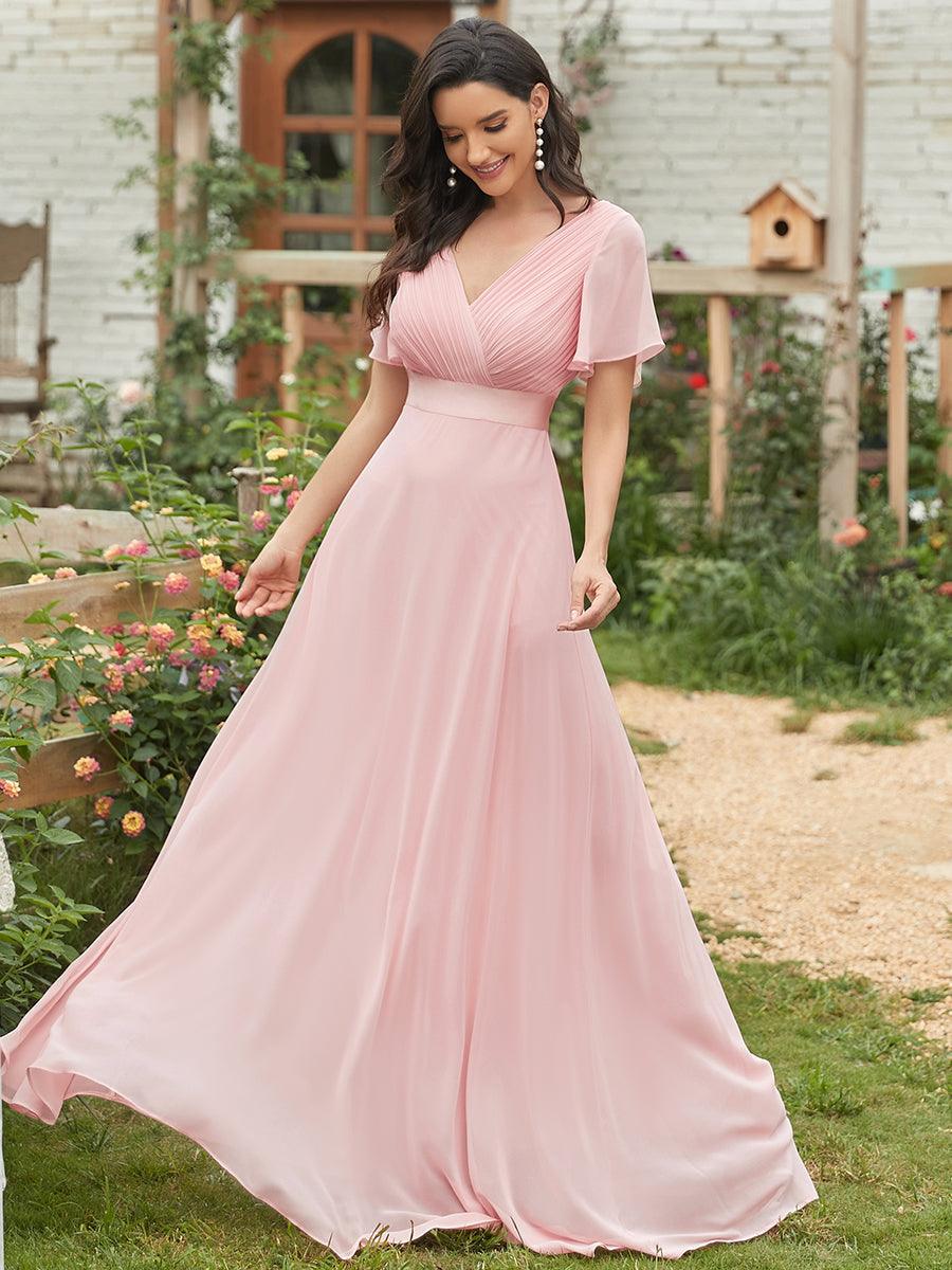 Taille personnalisée Robe de demoiselle d'honneur longue manches courtes #Couleur_Rose
