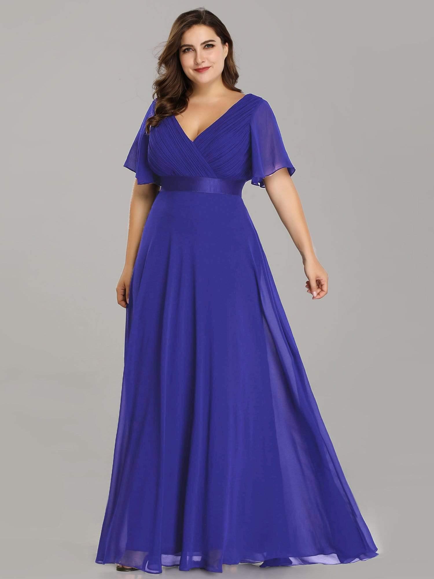 Taille personnalisée Robe de demoiselle d'honneur longue manches courtes #Couleur_Bleu Saphir