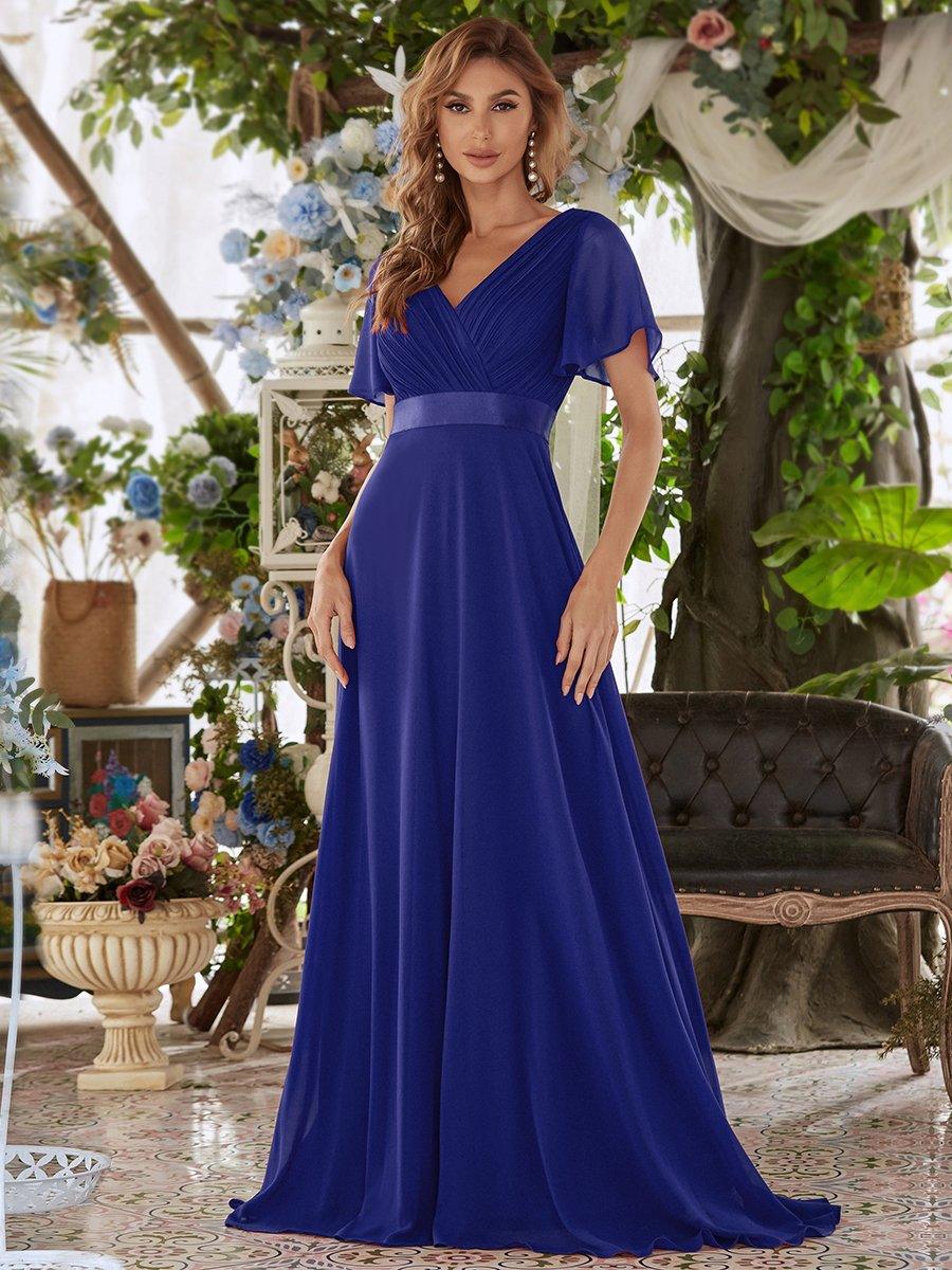 Taille personnalisée Robe de demoiselle d'honneur longue manches courtes #Couleur_Bleu Saphir