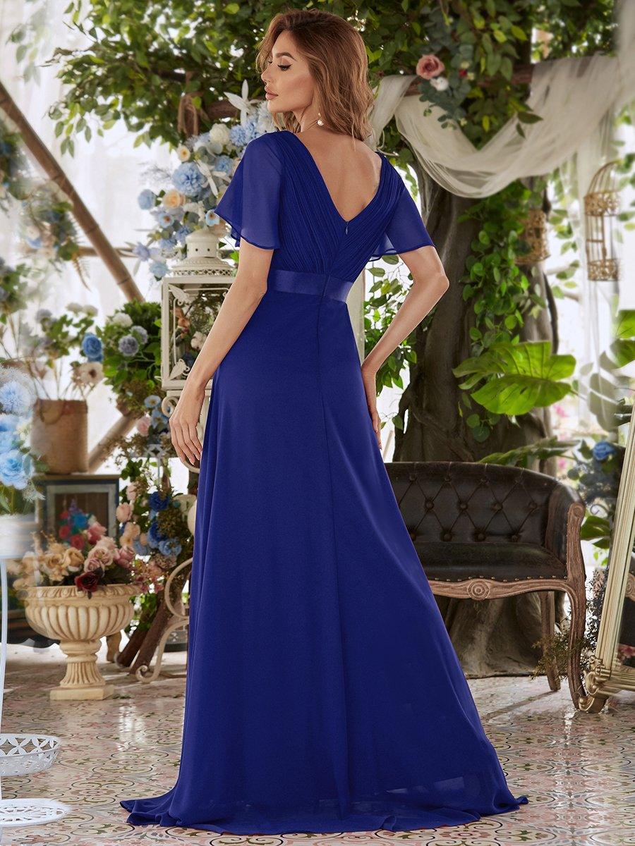 Taille personnalisée Robe de demoiselle d'honneur longue manches courtes #Couleur_Bleu Saphir