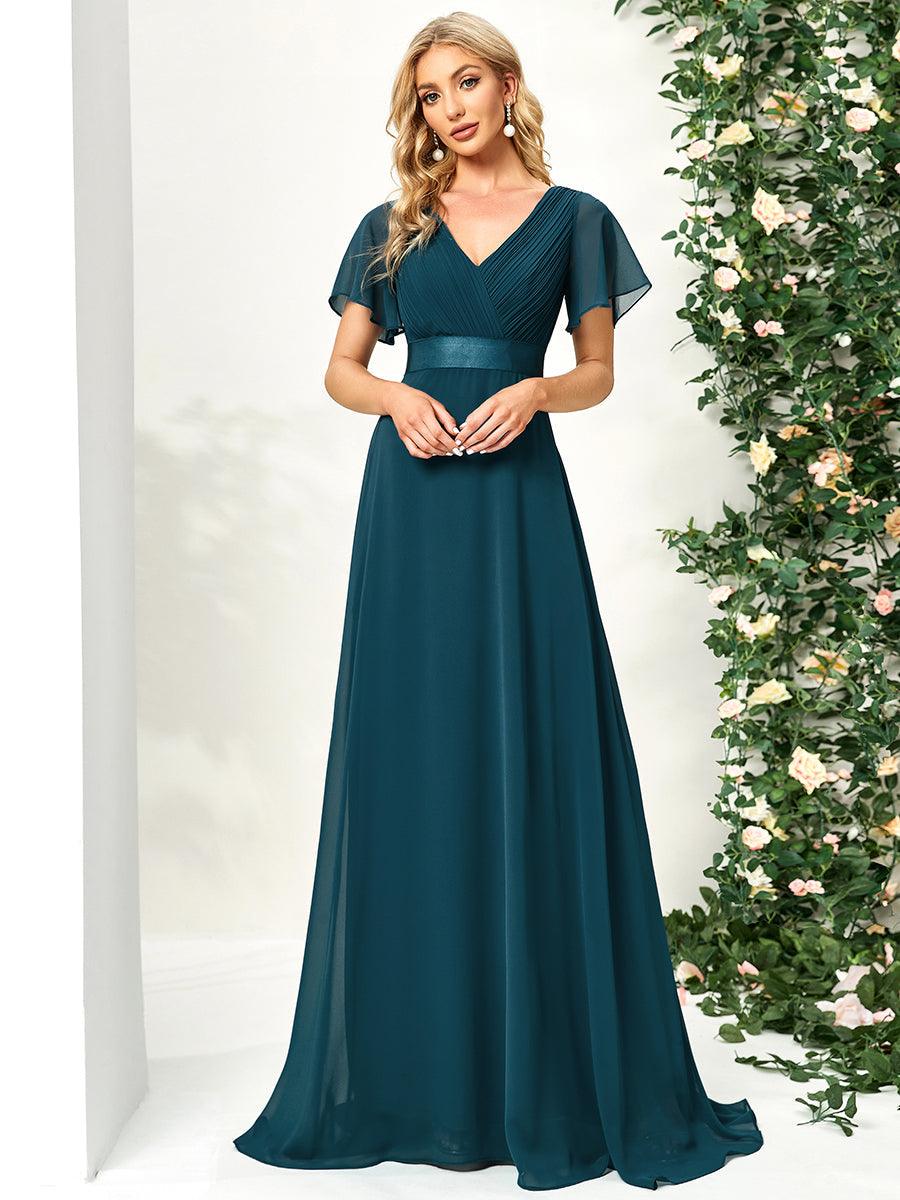 Robe de soirée fluide élégante en mousseline à taille haute #Couleur_Bleu Sarcelle