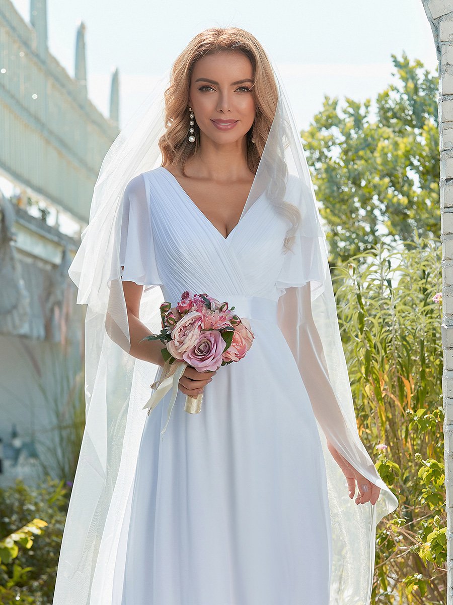 Maxi robe de mariée minimaliste en mousseline de soie avec ceinture en satin #Couleur_Blanc