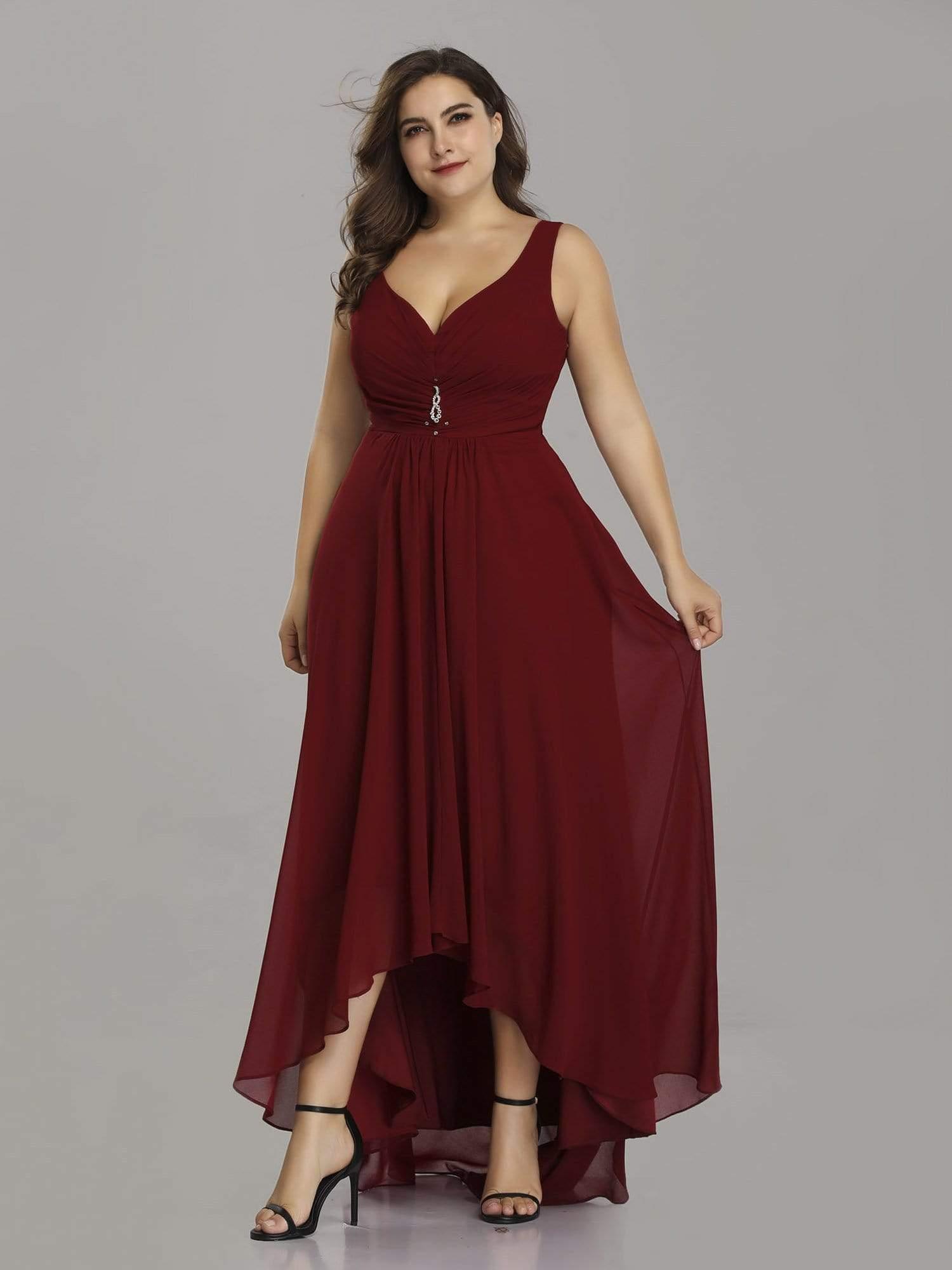 Robes de Soirée Grande Taille Chiffon à Col en V Haut Bas pour La Fête #Couleur_Bordeaux