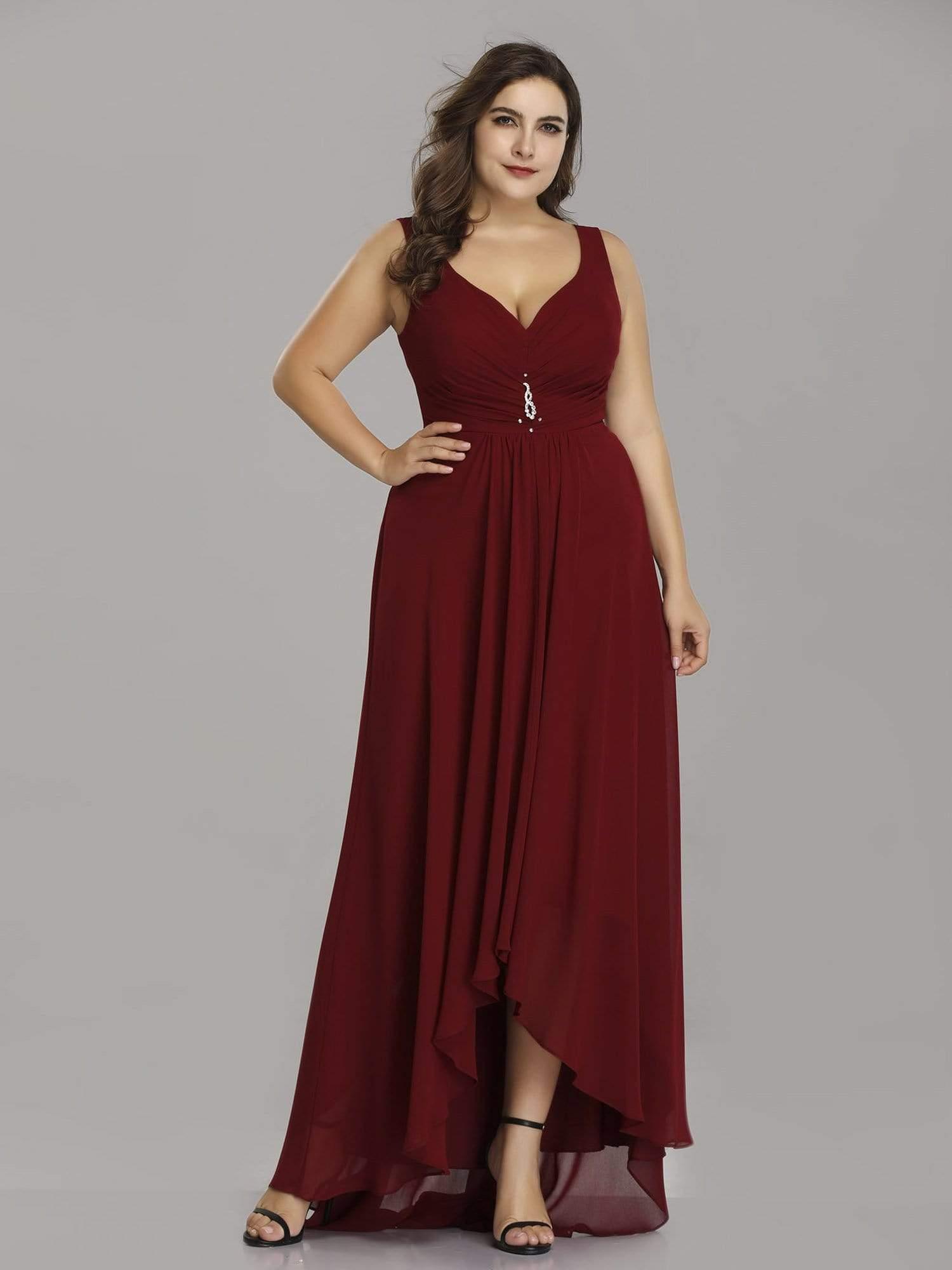 Robes de Soirée Grande Taille Chiffon à Col en V Haut Bas pour La Fête #Couleur_Bordeaux