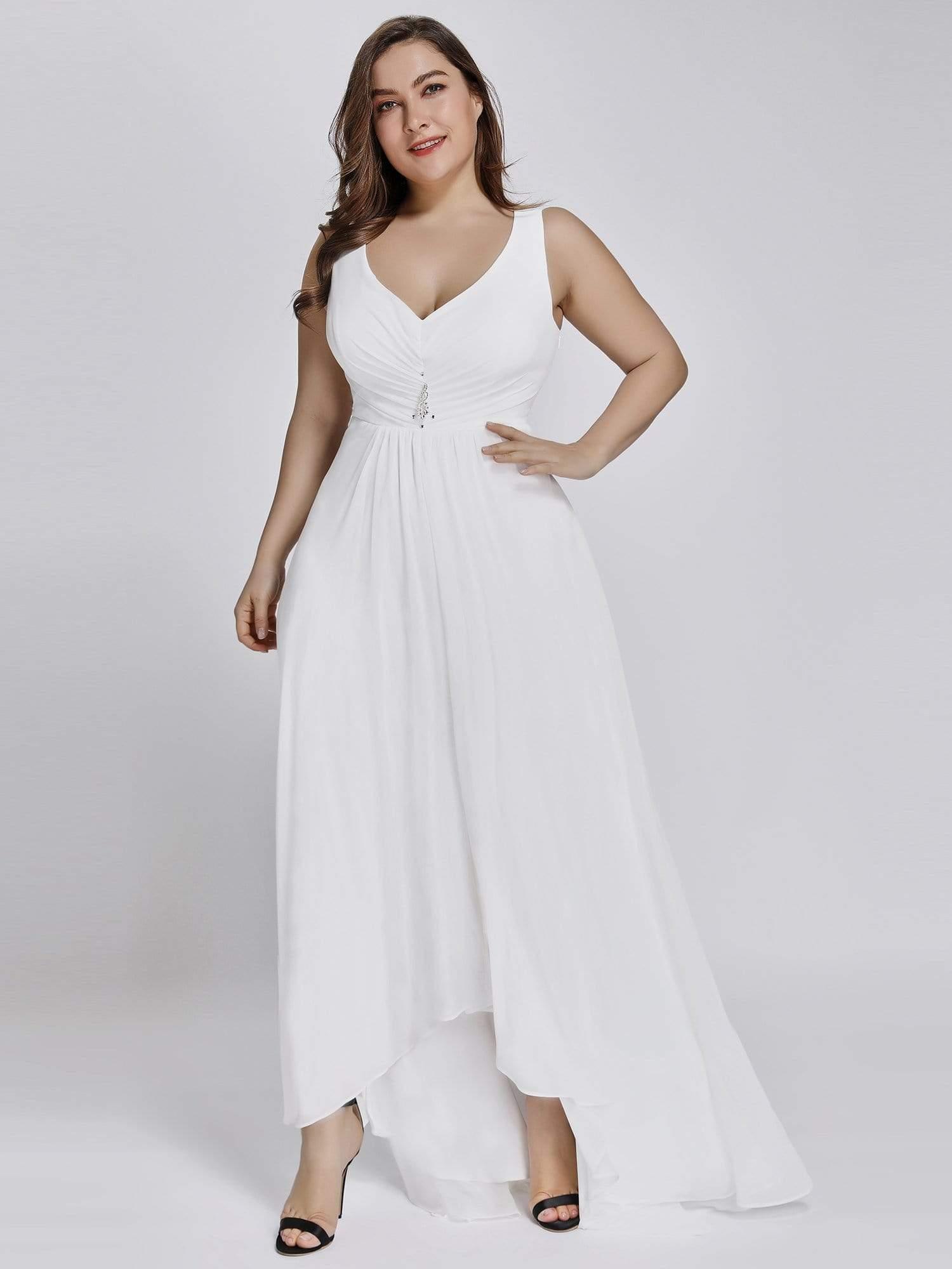 Robes de Soirée Grande Taille Chiffon à Col en V Haut Bas pour La Fête #Couleur_Blanc