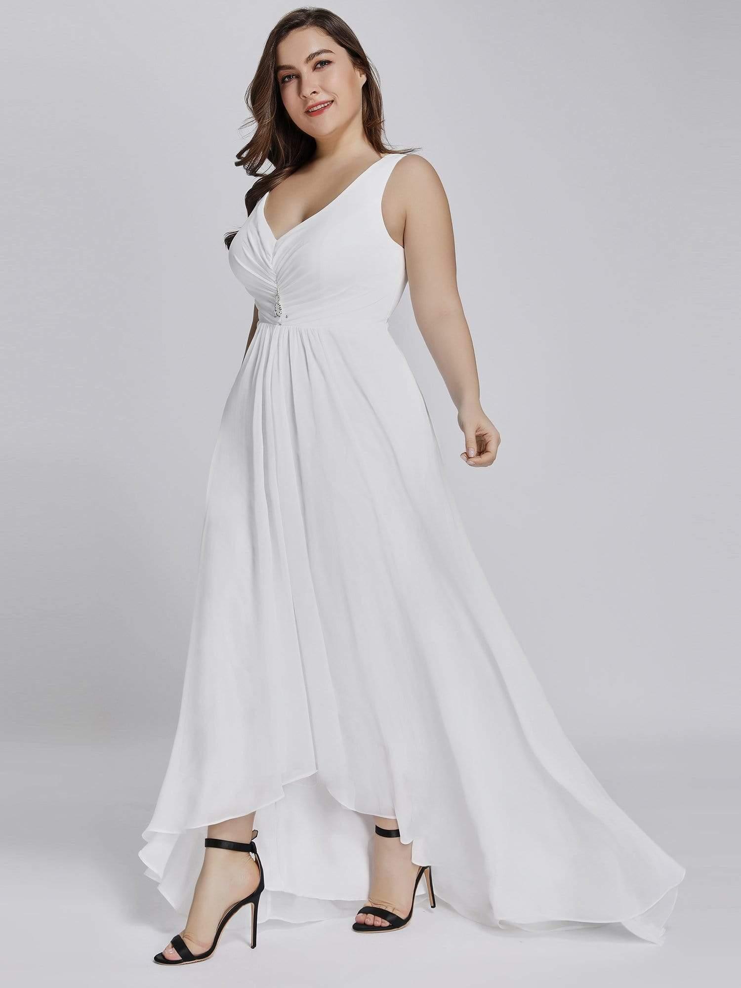 Robes de Soirée Grande Taille Chiffon à Col en V Haut Bas pour La Fête #Couleur_Blanc