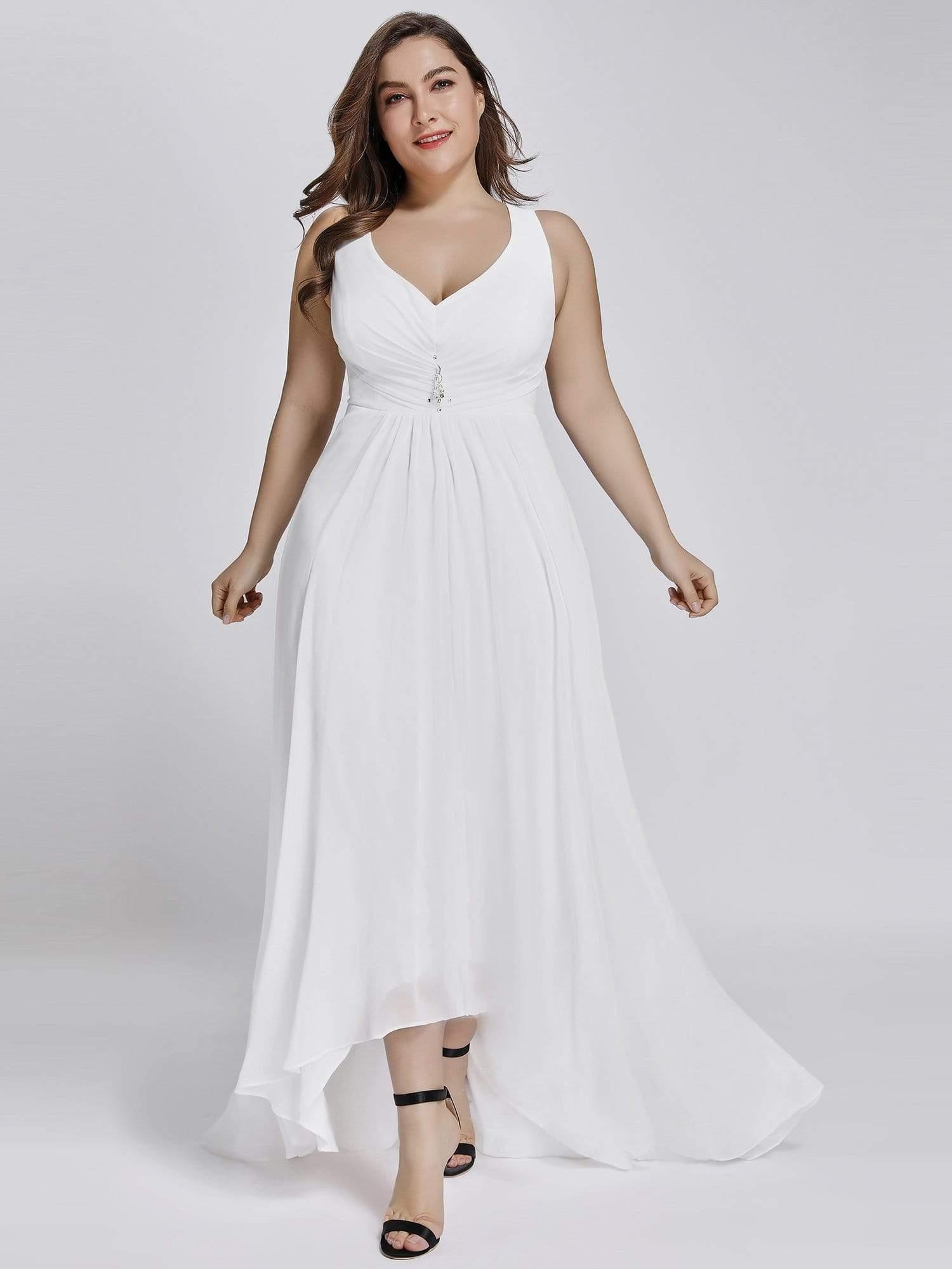 Robes de Soirée Grande Taille Chiffon à Col en V Haut Bas pour La Fête #Couleur_Blanc