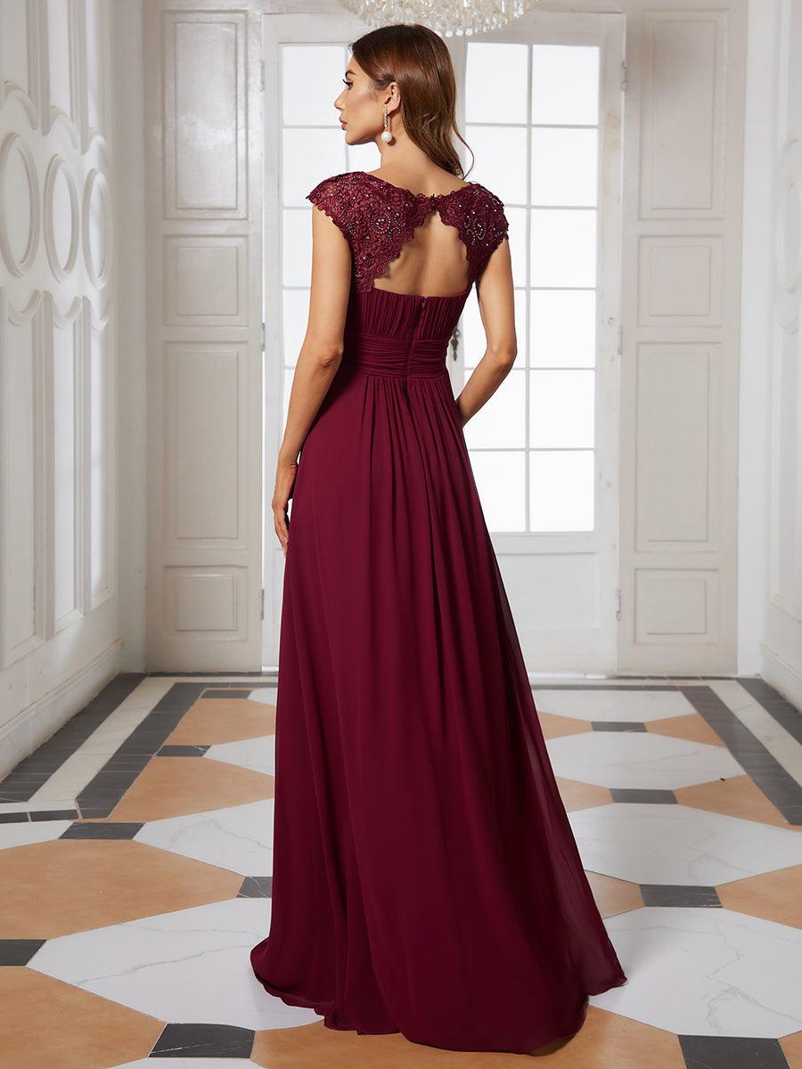 Robe de soirée élégante longue en dentelle à manches longues #Couleur_Bordeaux