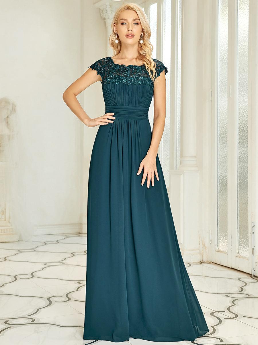 Robe de demoiselle d'honneur en mousseline à manches courtes flatteuses #Couleur_Bleu Sarcelle