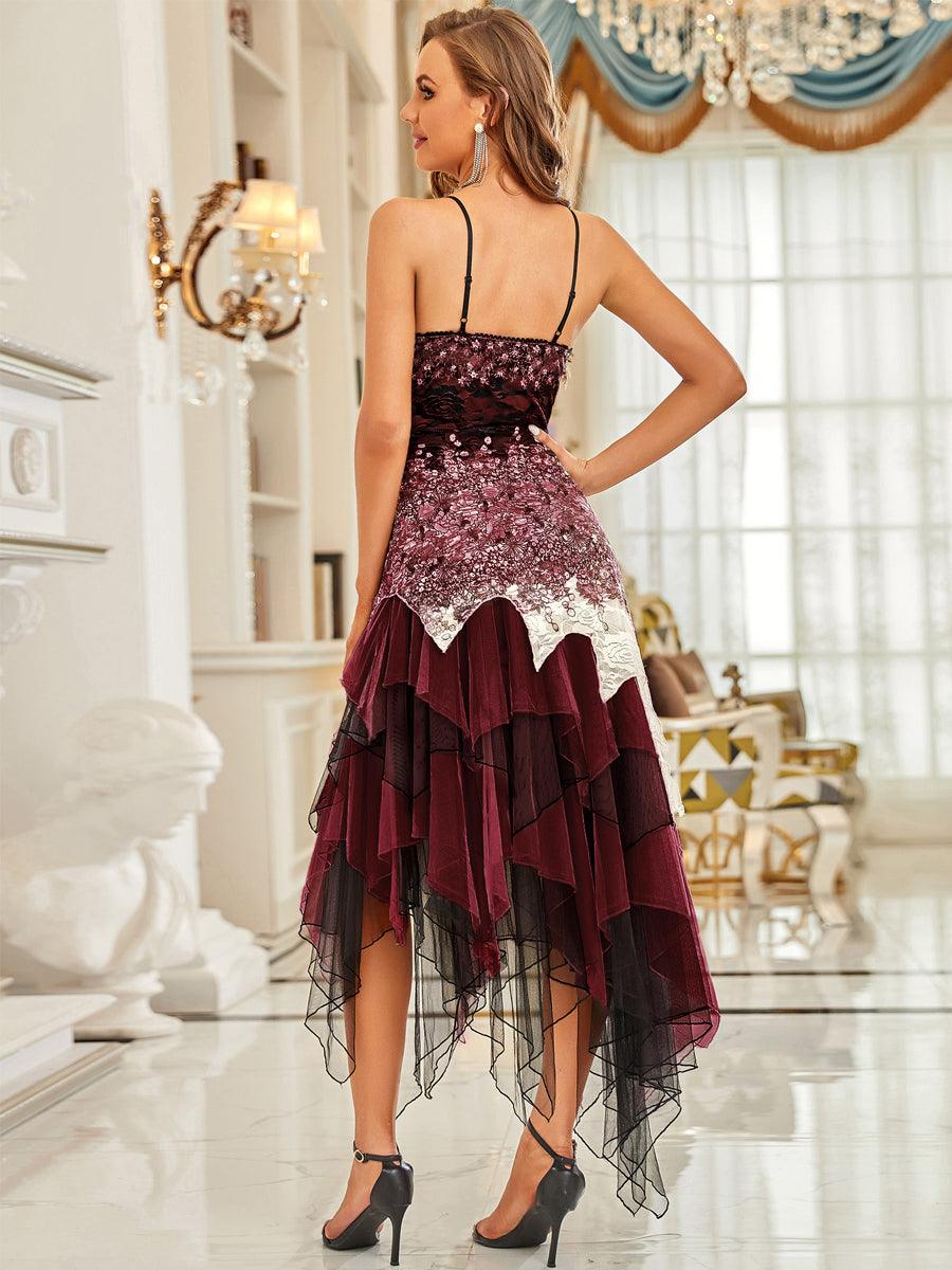 Robe de Bal à Col en V et Ourlet Irrégulier pour Cocktail #Couleur_Bordeaux 