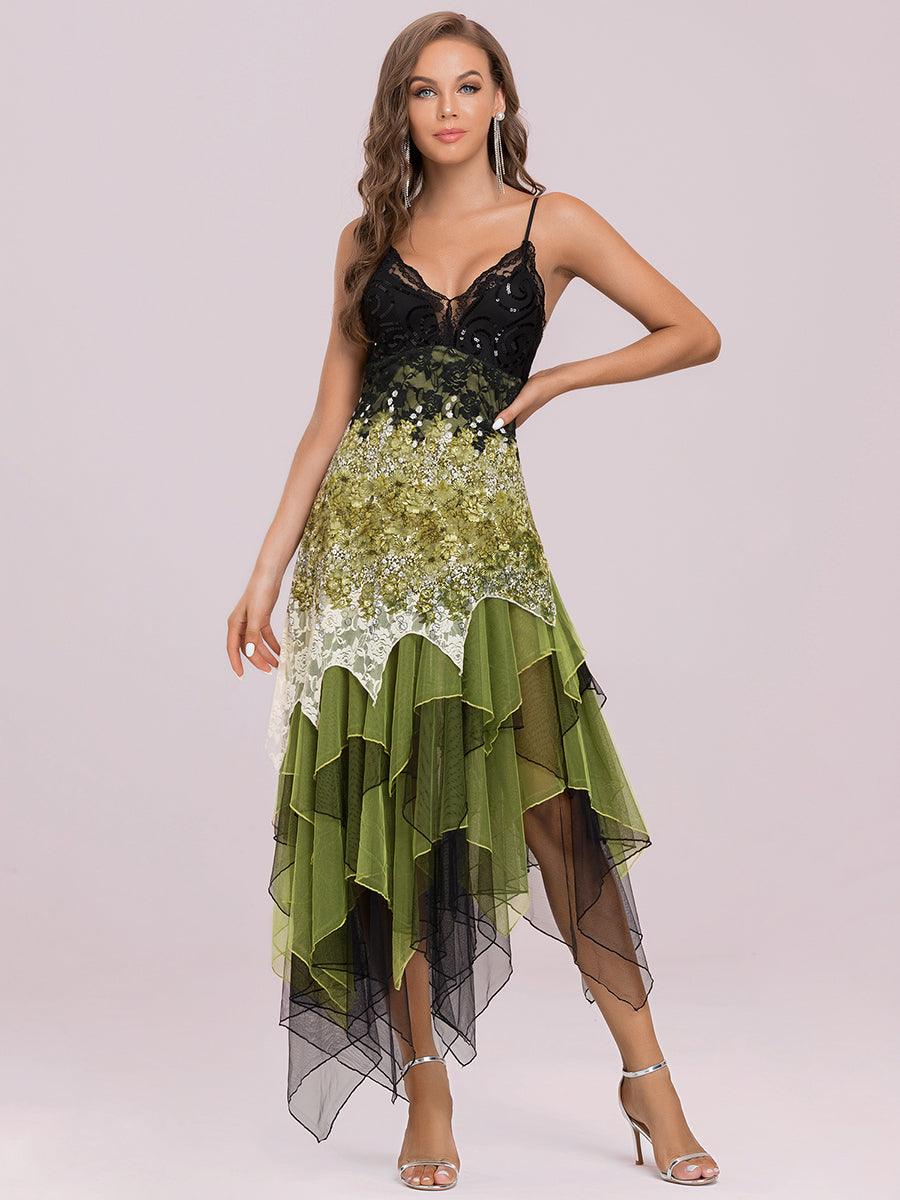 Robe de Bal à Col en V et Ourlet Irrégulier pour Cocktail #Couleur_Vert 
