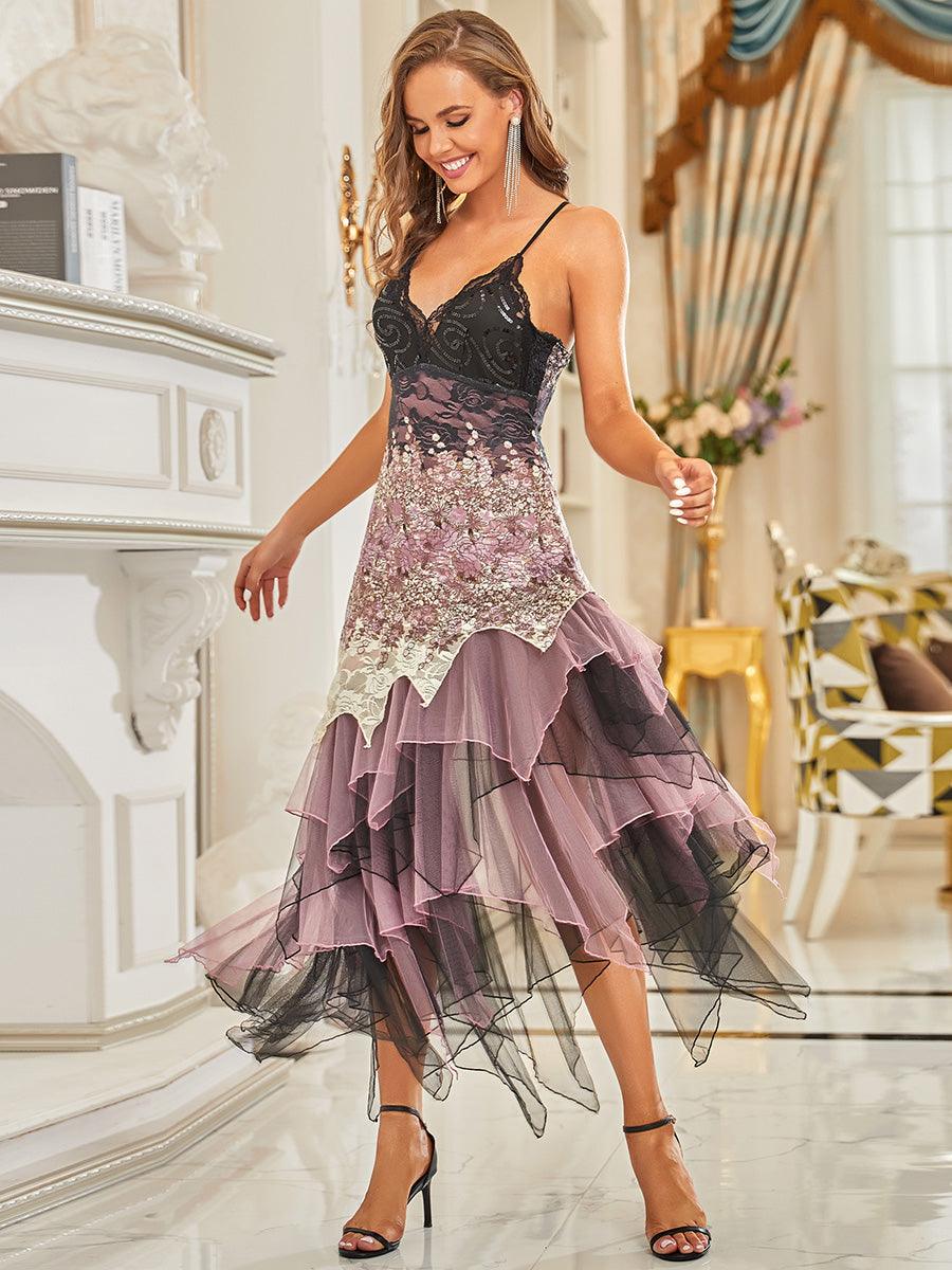 Robe de Bal à Col en V et Ourlet Irrégulier pour Cocktail #Couleur_Orchidee 
