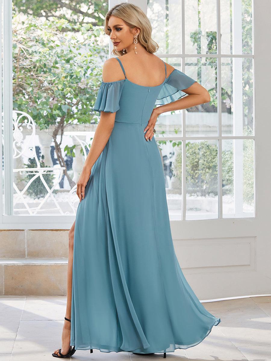 Robe invitée mariage fendue été sexy à épaules dénudées #Couleur_Bleu Fume