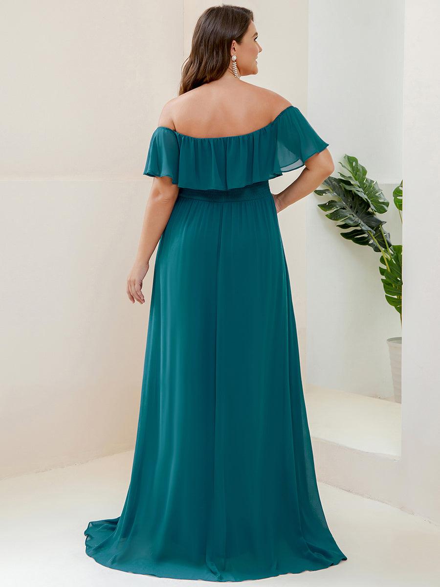 Grande talle Robe de demoiselle d'honneur à volants et épaules dénudées #Couleur_Bleu Sarcelle