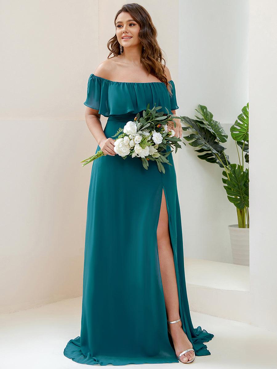 Grande talle Robe de demoiselle d'honneur à volants et épaules dénudées #Couleur_Bleu Sarcelle
