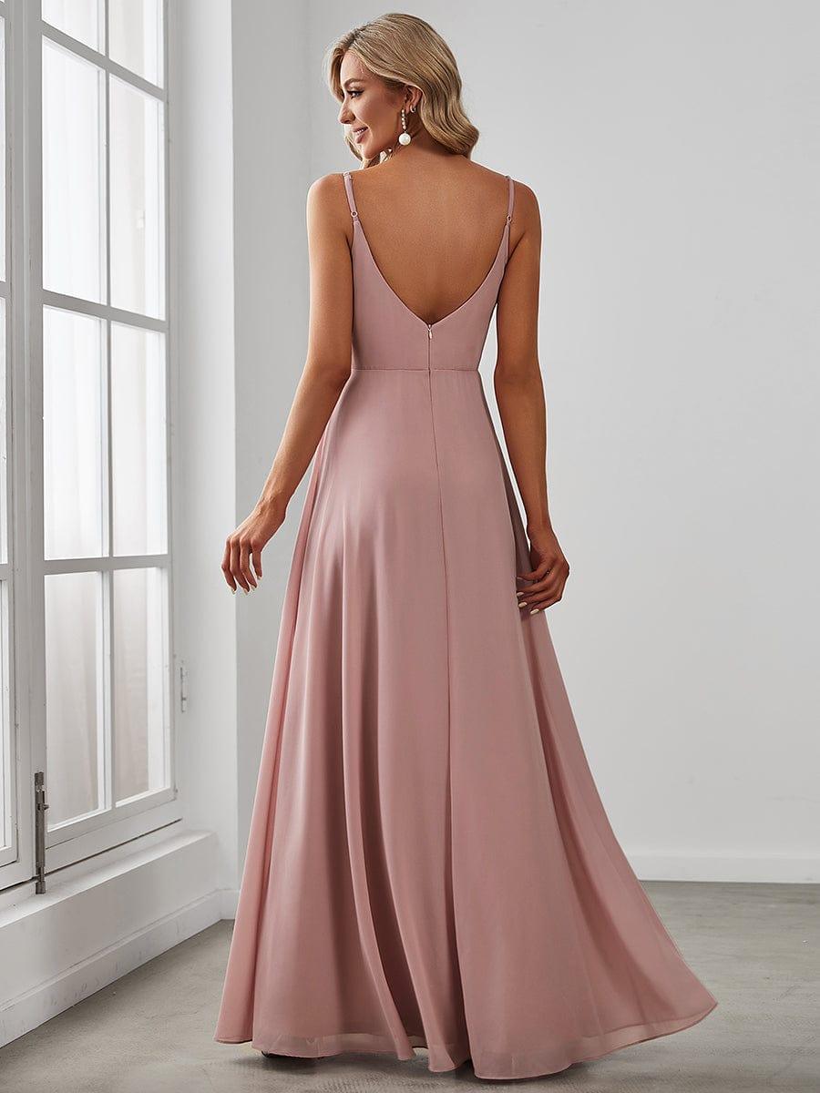 Robe de demoiselle d'honneur plissée à bretelles minces et encolure en V #Couleur_Rose fumee