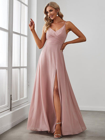 ever RENÉ|Robe de demoiselle d'honneur plissée à bretelles minces et col V