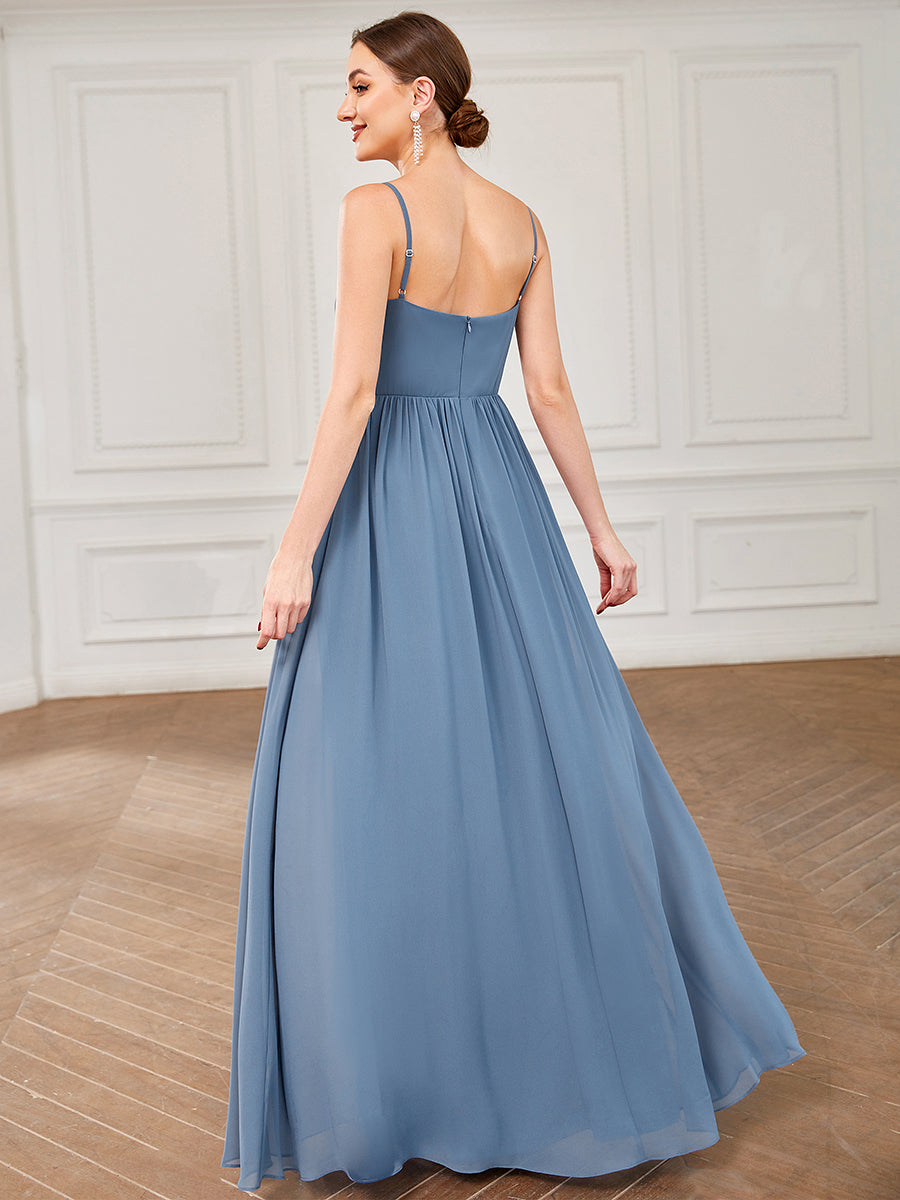 Robe de demoiselle d'honneur plissée à encolure en V et à bretelles spaghetti #Couleur_Marine Fume