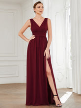 Robe de demoiselle d'honneur Mousseline plissée à encolure en V sans manches #Couleur_Bordeaux