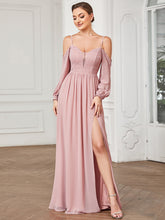 Robe de demoiselle d'honneur fendue Mousseline Manches longues Epaules dénudées #Couleur_Rose fumee