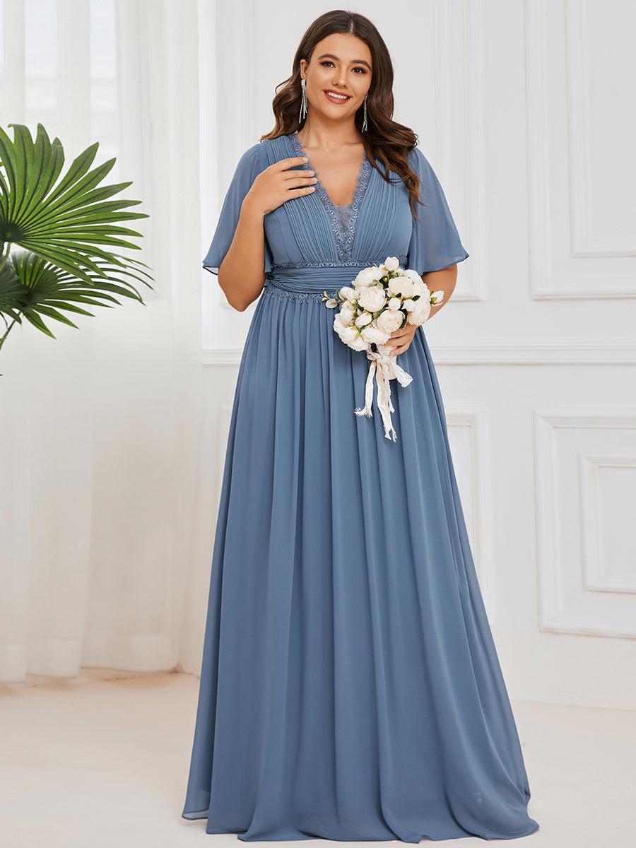 Robe demoiselle d'honneur mousseline plissée Manches courtes Dentelle #Couleur_Marine Fume