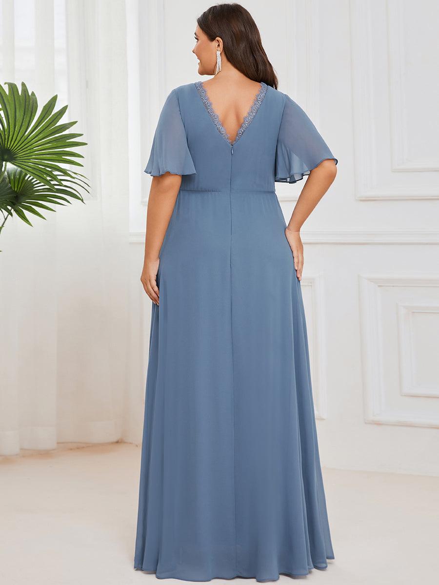 Robe demoiselle d'honneur mousseline plissée Manches courtes Dentelle #Couleur_Marine Fume