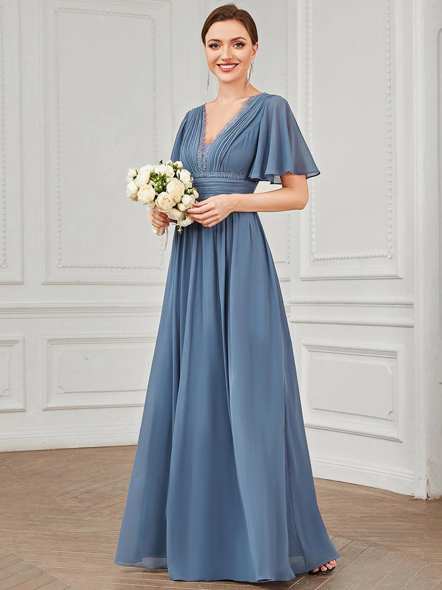 Robe demoiselle d'honneur mousseline plissée Manches courtes Dentelle #Couleur_Marine Fume