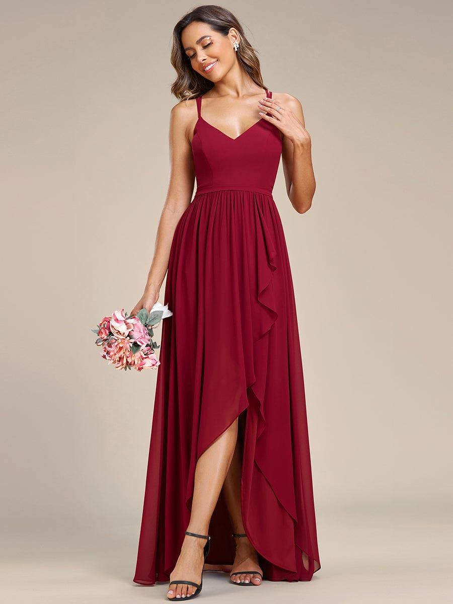 Robe demoiselle d'honneur mousseline bretelles fines et fente sur le devant #Couleur_Bordeaux