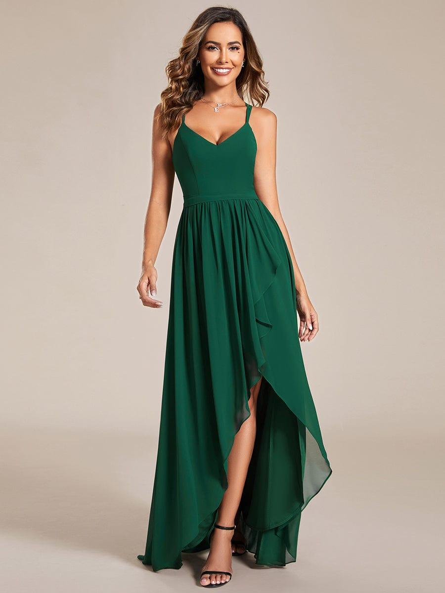 Robe demoiselle d'honneur mousseline bretelles fines et fente sur le devant #Couleur_Vert Fonce
