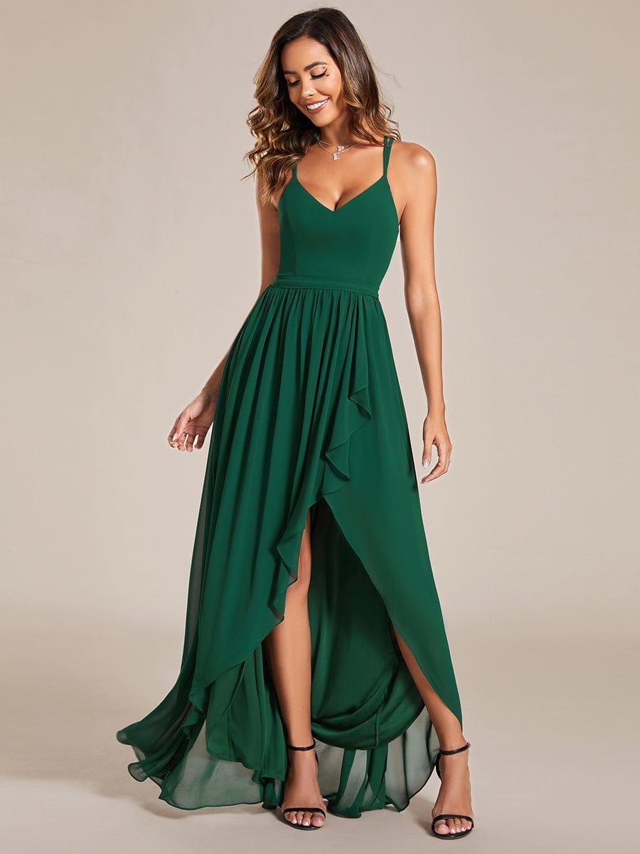 Robe demoiselle d'honneur mousseline bretelles fines et fente sur le devant #Couleur_Vert Fonce
