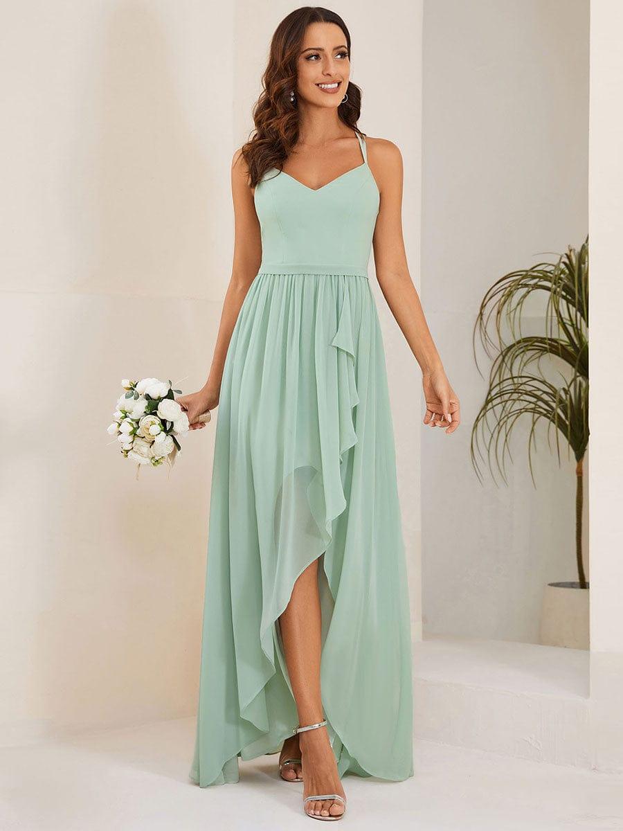 Robe demoiselle d'honneur mousseline bretelles fines et fente sur le devant #Couleur_Menthe Verte