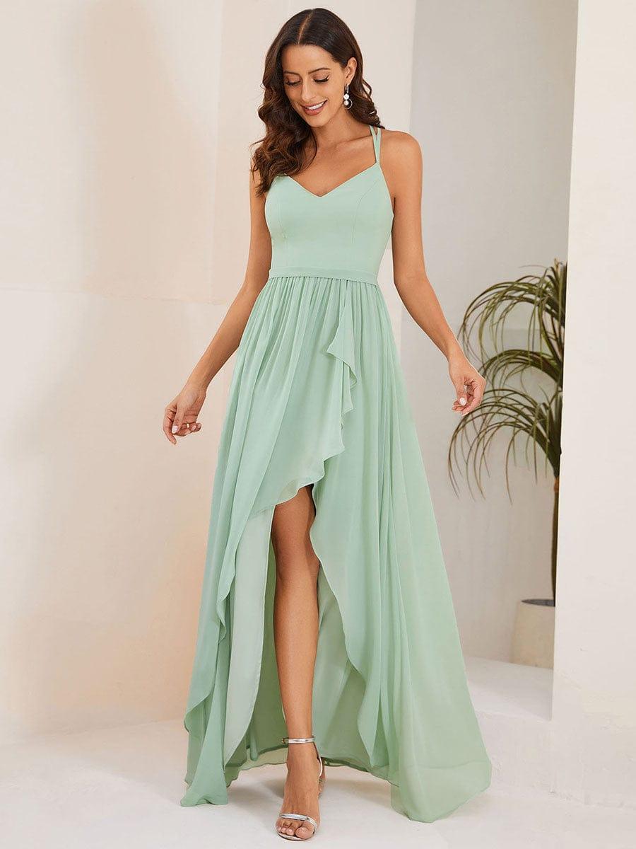 Robe demoiselle d'honneur mousseline bretelles fines et fente sur le devant #Couleur_Menthe Verte