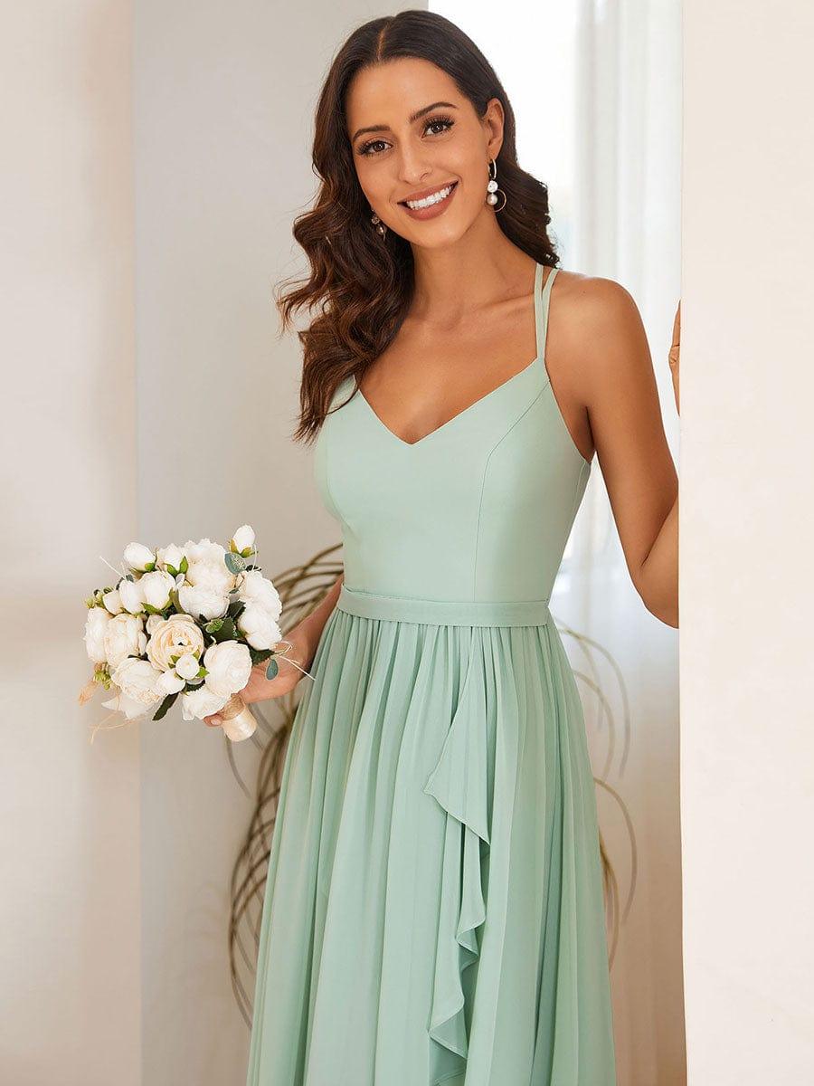 Robe demoiselle d'honneur mousseline bretelles fines et fente sur le devant #Couleur_Menthe Verte