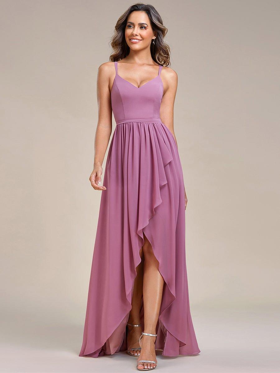 Robe demoiselle d'honneur mousseline bretelles fines et fente sur le devant #Couleur_Orchidee