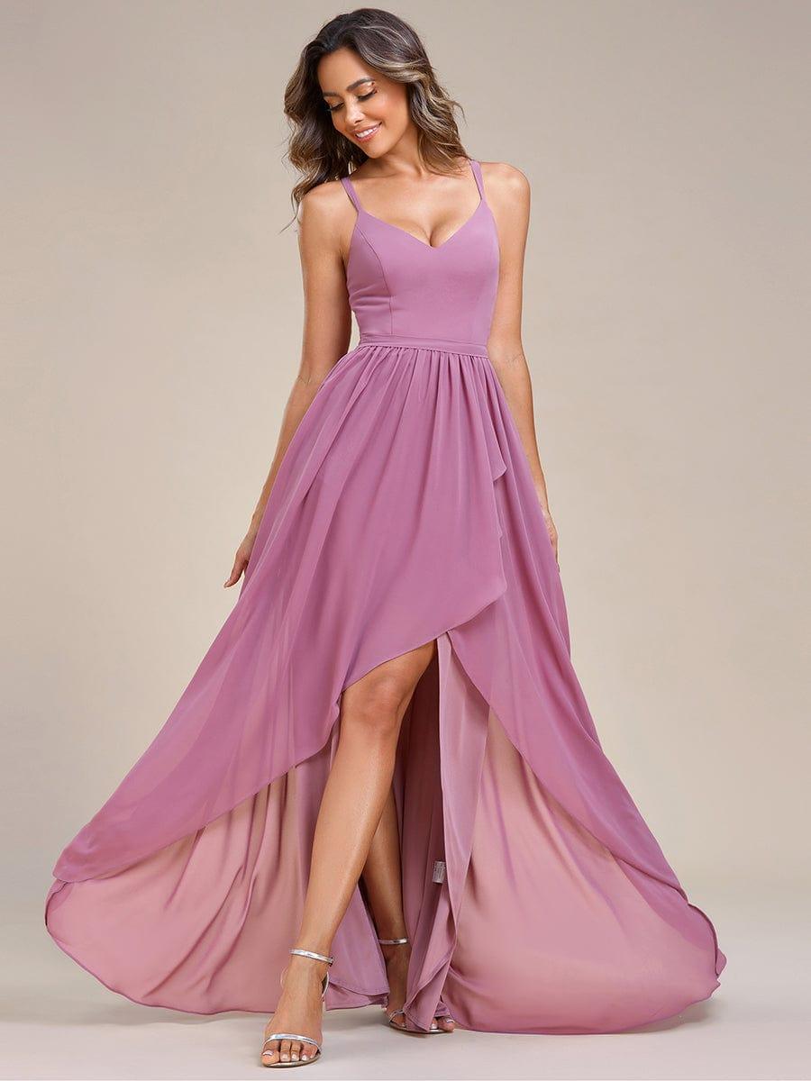 Robe demoiselle d'honneur mousseline bretelles fines et fente sur le devant #Couleur_Orchidee