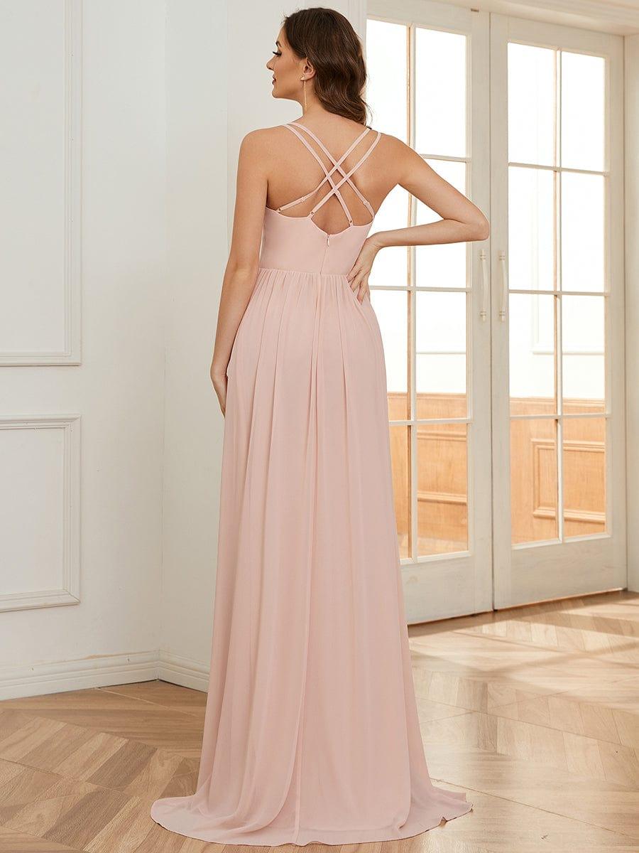Robe demoiselle d'honneur mousseline bretelles fines et fente sur le devant #Couleur_Rose