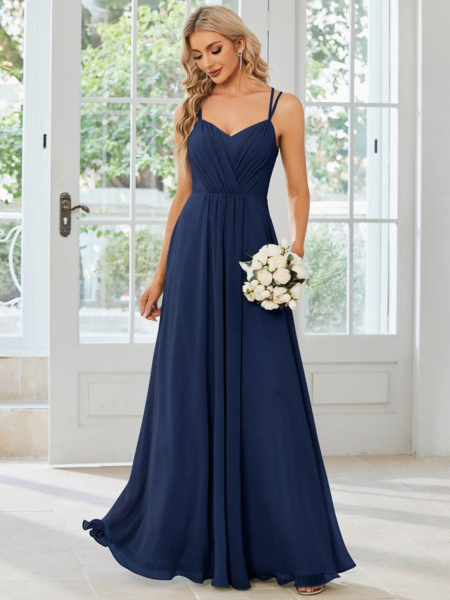 Robe demoiselle d'honneur mousseline et dentelle dos nu bretelles fines #Couleur_Bleu Marine