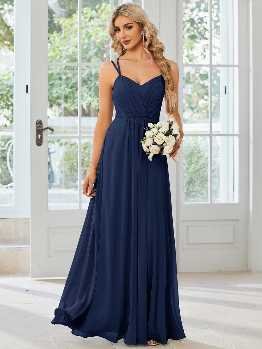 Robe demoiselle d'honneur mousseline et dentelle dos nu bretelles fines #Couleur_Bleu Marine