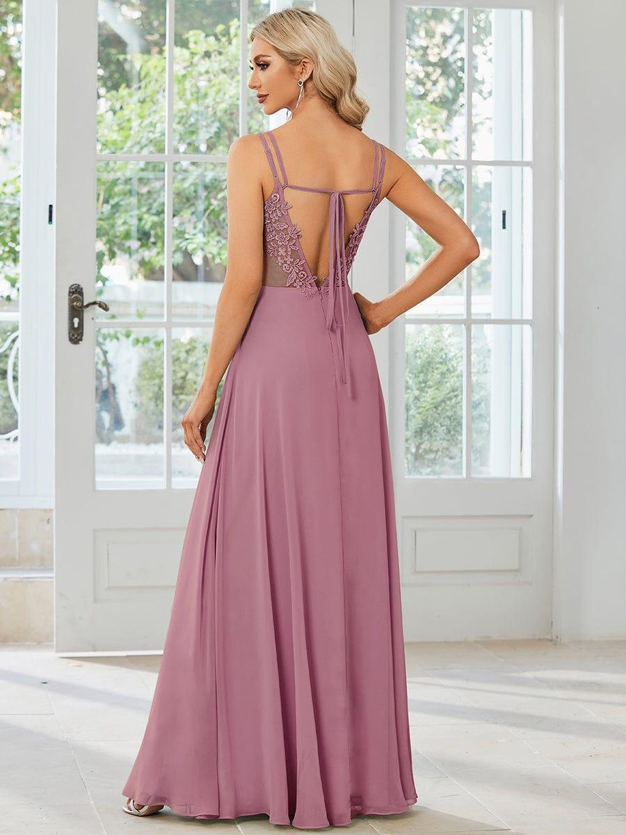 Robe demoiselle d'honneur mousseline et dentelle dos nu bretelles fines #Couleur_Orchidee